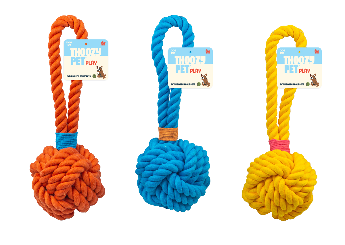 ThoozyPet Ball Tug Rope Dog Toy with Handle Orange 5"