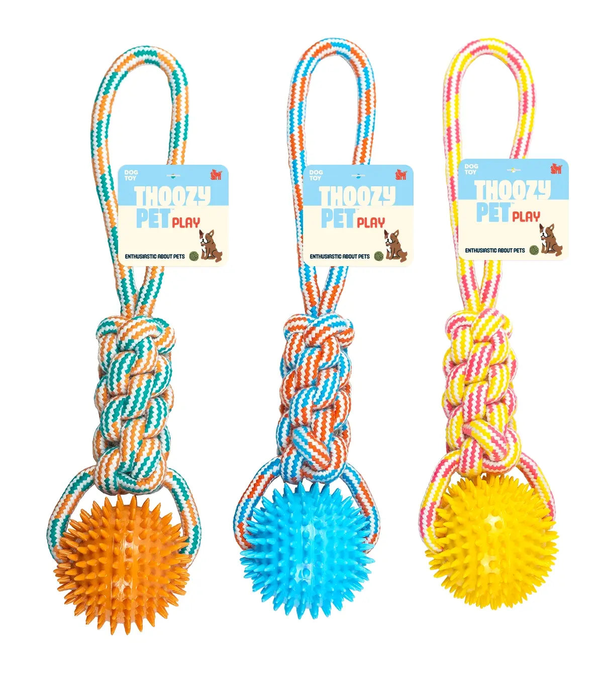 ThoozyPet Knotted Tug Rope Dog Toy w/TPR Spike Ball Yellow