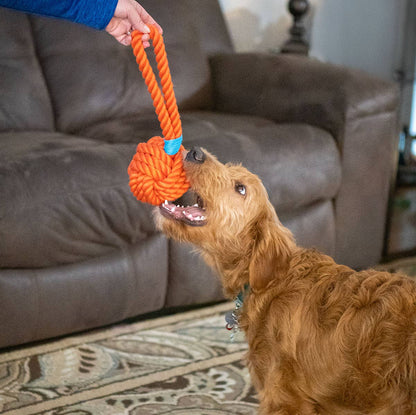 ThoozyPet Ball Tug Rope Dog Toy with Handle Orange 5"
