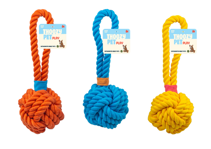 ThoozyPet Ball Tug Rope Dog Toy with Handle Orange 5"