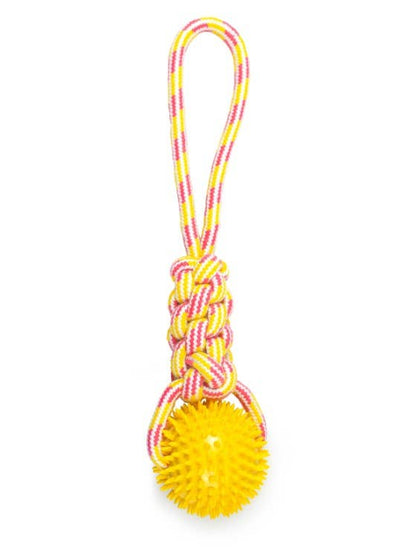 ThoozyPet Knotted Tug Rope Dog Toy w/TPR Spike Ball Yellow