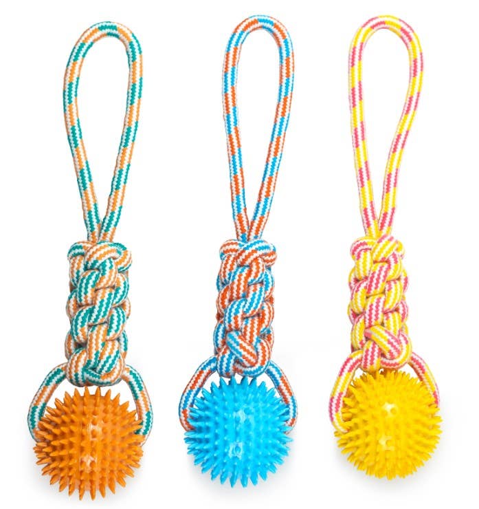 ThoozyPet Knotted Tug Rope Dog Toy w/TPR Spike Ball Yellow