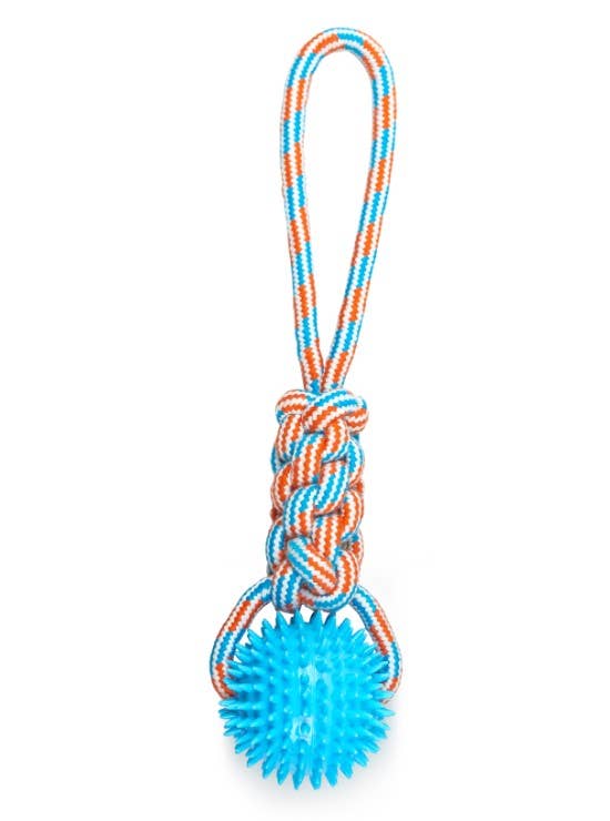ThoozyPet Knotted Tug Rope Dog Toy with TPR Spike Ball Blue