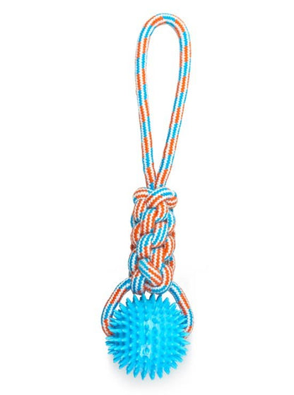 ThoozyPet Knotted Tug Rope Dog Toy with TPR Spike Ball Blue