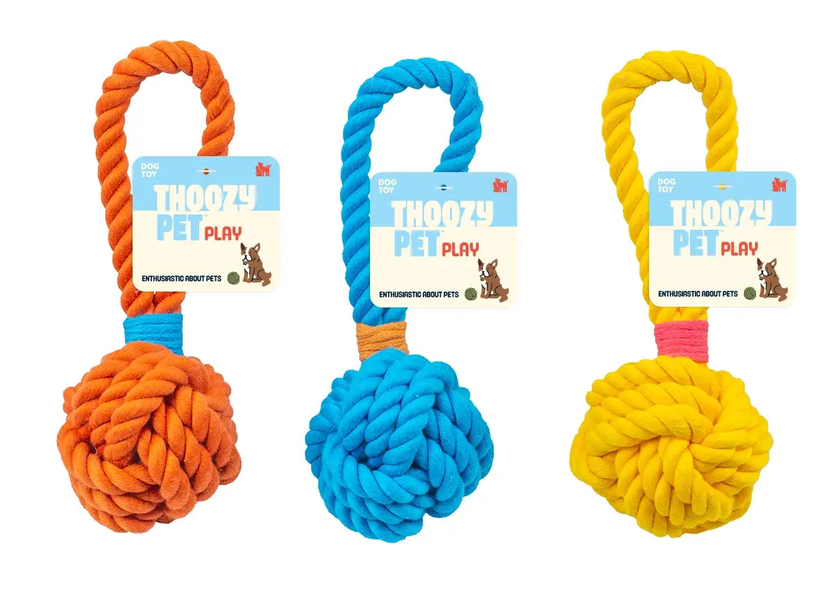 ThoozyPet Ball Tug Rope Dog Toy with Handle Blue 3"