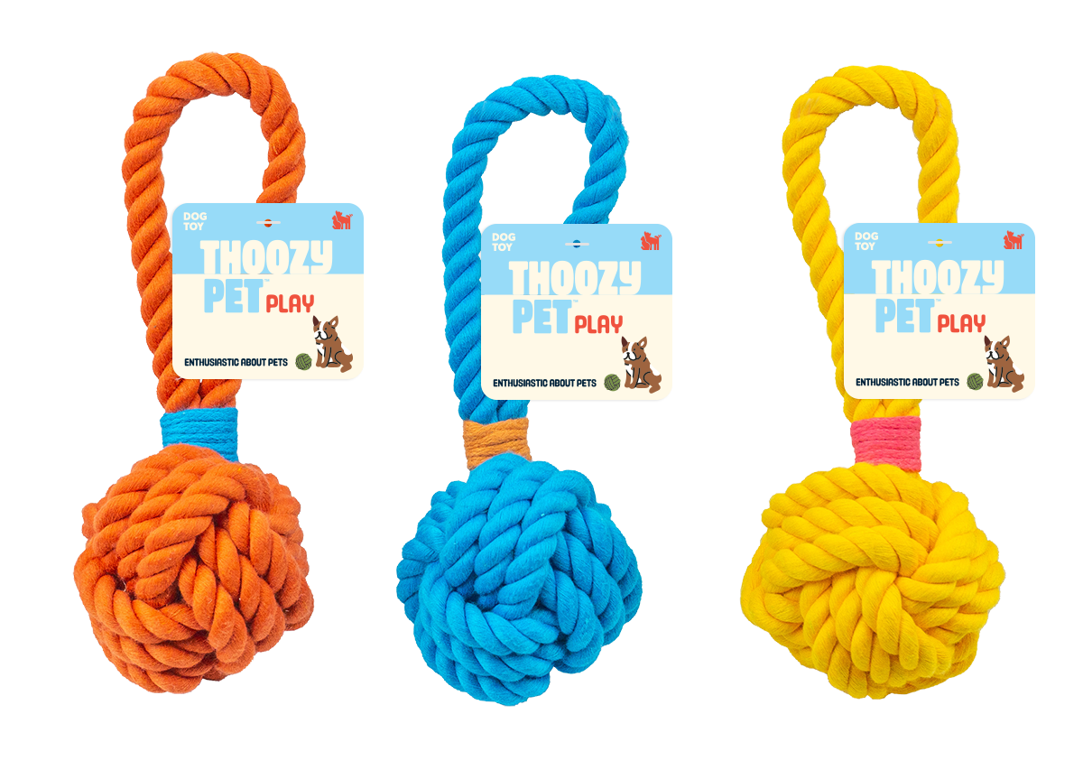 ThoozyPet Ball Tug Rope Dog Toy with Handle Orange 3"